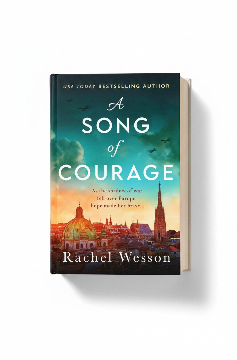 BestBuyBook A Song of Courage by Rachel Wesson, a historical WW2 novel featuring a European city skyline at sunset.