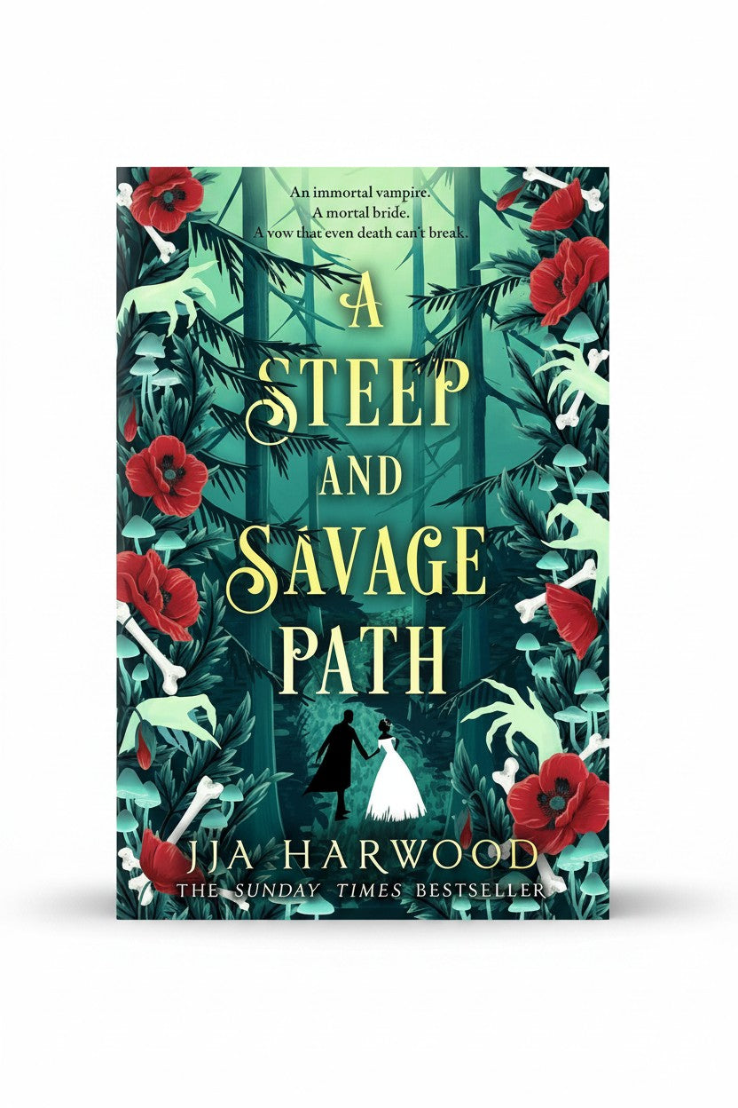 BestBuyBook cover of A Steep and Savage Path by JJA Harwood featuring a dark forest, red poppies, and a couple.