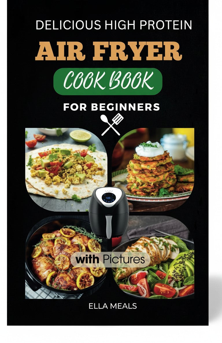 BestBuyBook Delicious High Protein Air Fryer Cookbook cover featuring photos of healthy meals and an air fryer.