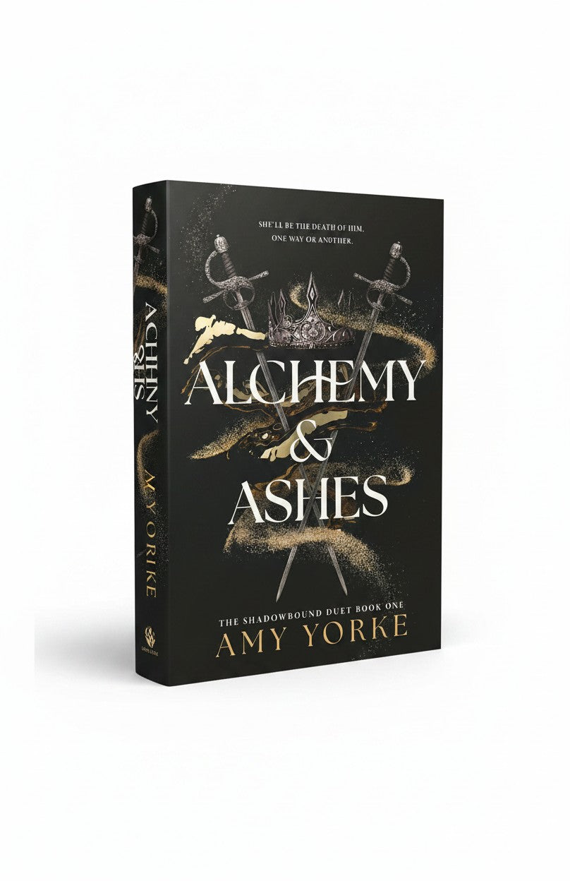 BestBuyBook Alchemy & Ashes by Amy Yorke fantasy romance novel with black cover, gold crown, and crossed swords
