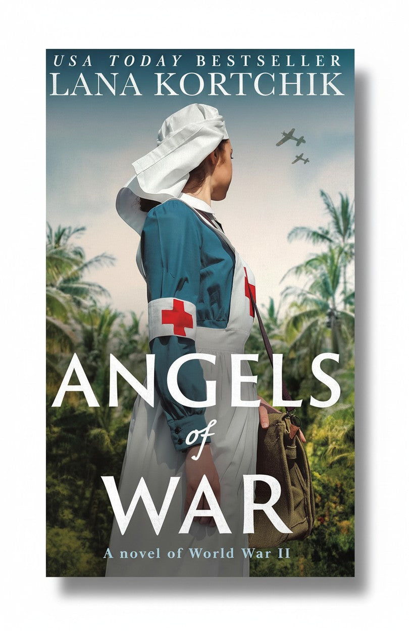 BestBuyBook Angels of War book cover featuring a WWII nurse in a tropical setting with planes flying overhead.