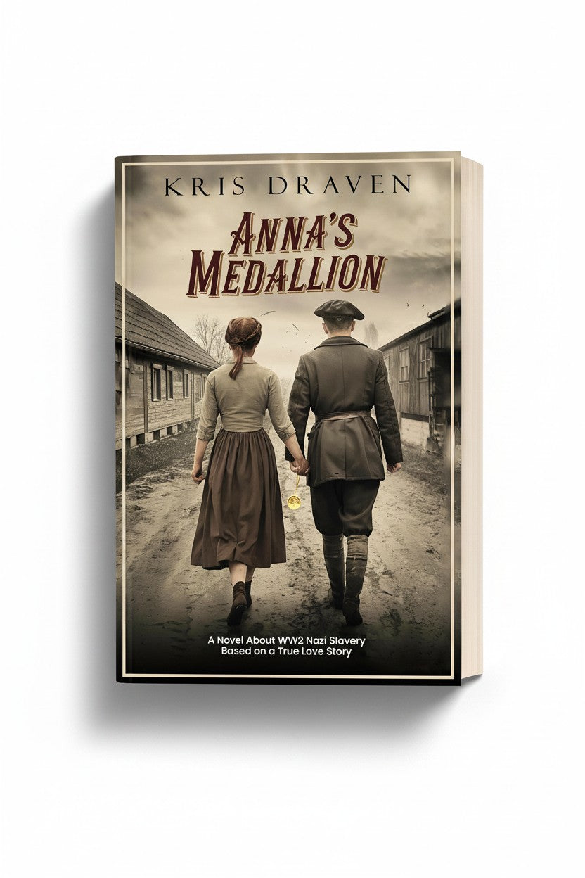 BestBuyBook Anna's Medallion book cover featuring a couple walking away on a dirt path near wooden barracks in WWII.