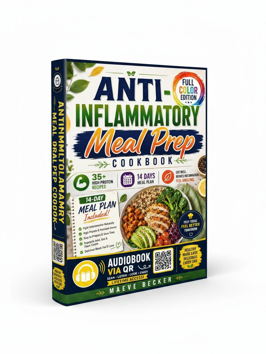 BestBuyBook Anti-Inflammatory Meal Prep Cookbook by Maeve Becker featuring a 14-day meal plan and QR code audiobook.