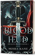 BestBuyBook Blood Feud book cover featuring a silver sword, red fabric, and dragon silhouette in fantasy style.