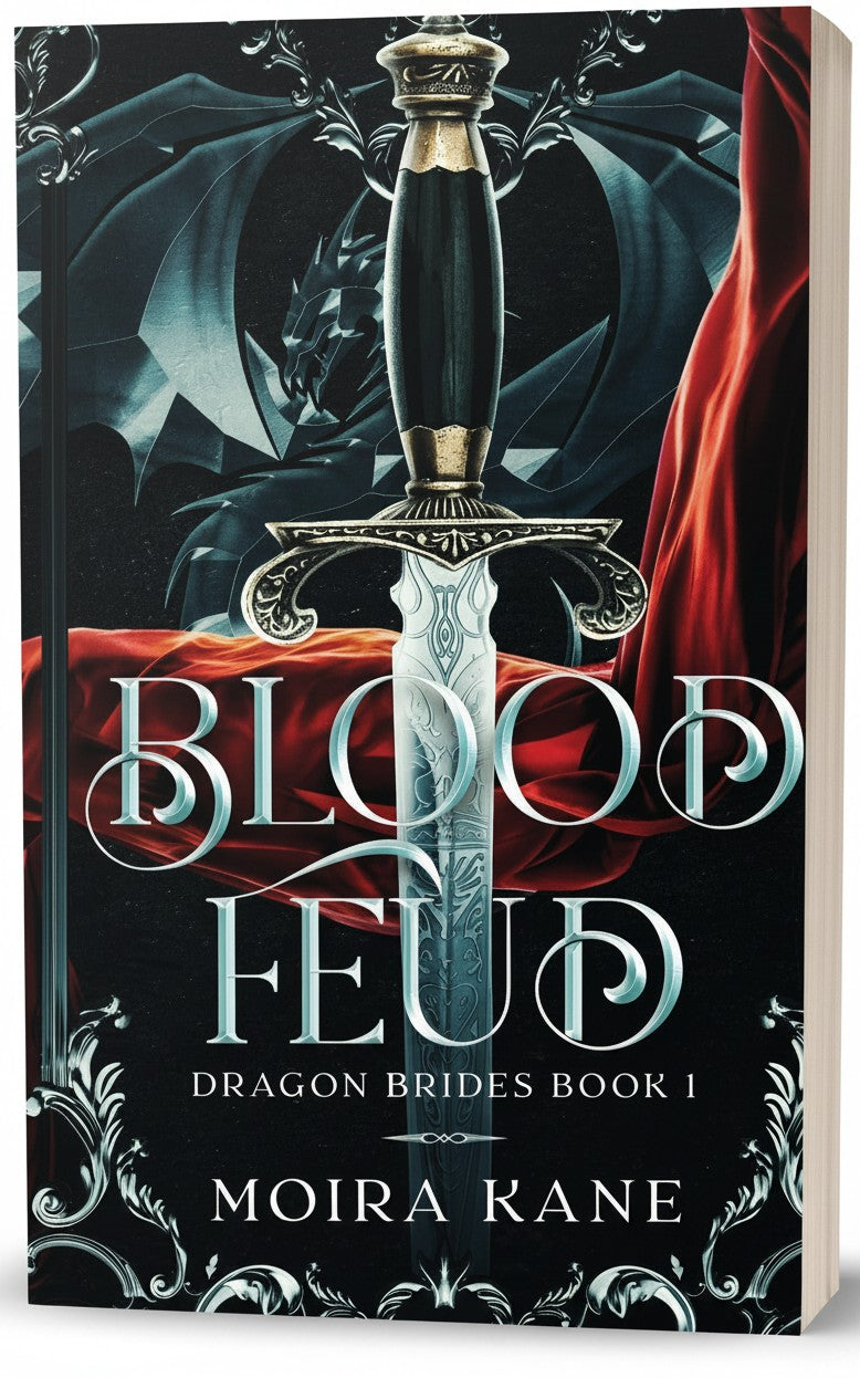 BestBuyBook Blood Feud book cover featuring a silver sword, red fabric, and dragon silhouette in fantasy style.