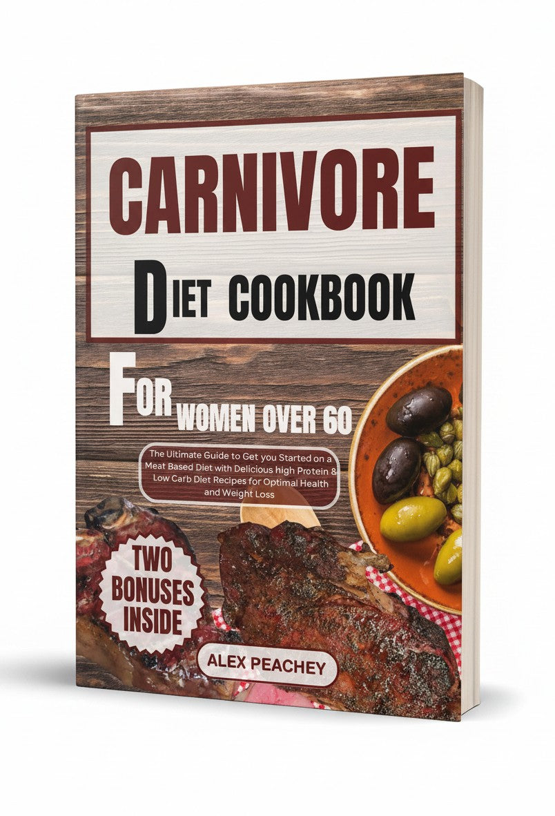 BestBuyBook Carnivore Diet Cookbook for Women Over 60 by Alex Peachey featuring meat and olive dish photography.