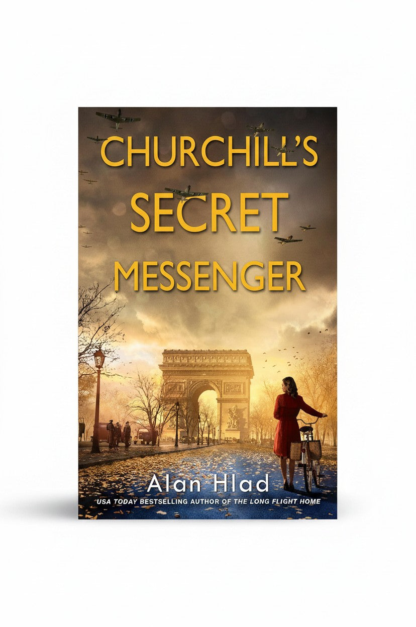 BestBuyBook cover of Churchill's Secret Messenger by Alan Hlad featuring a woman in Paris with the Arc de Triomphe.