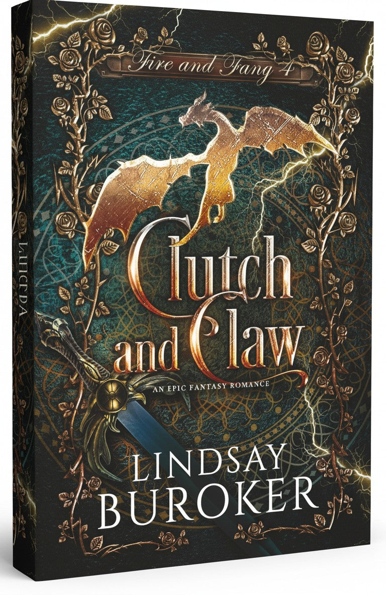 BestBuyBook Clutch and Claw fantasy romance book cover featuring a golden dragon, sword, and rose vines on teal.