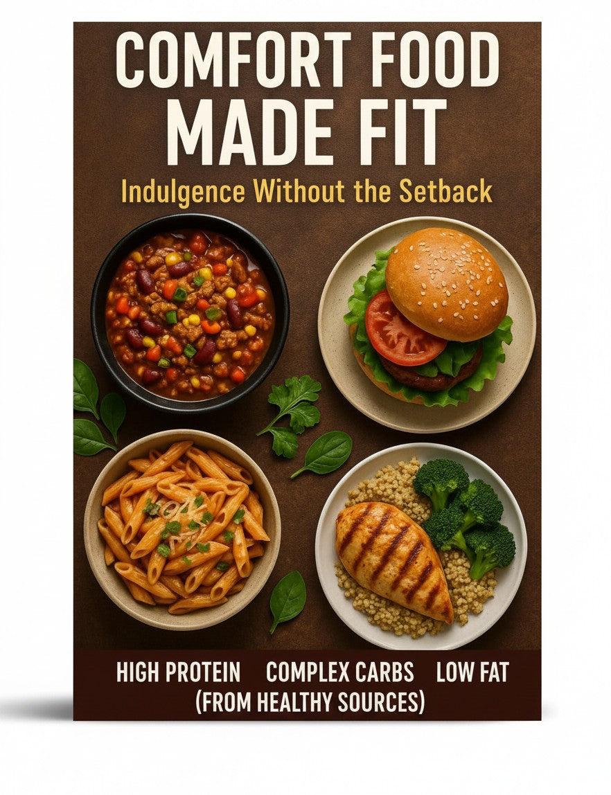 BestBuyBook cover for Comfort Food Made Fit featuring bowls of healthy chili, pasta, a burger, and chicken with broccoli.