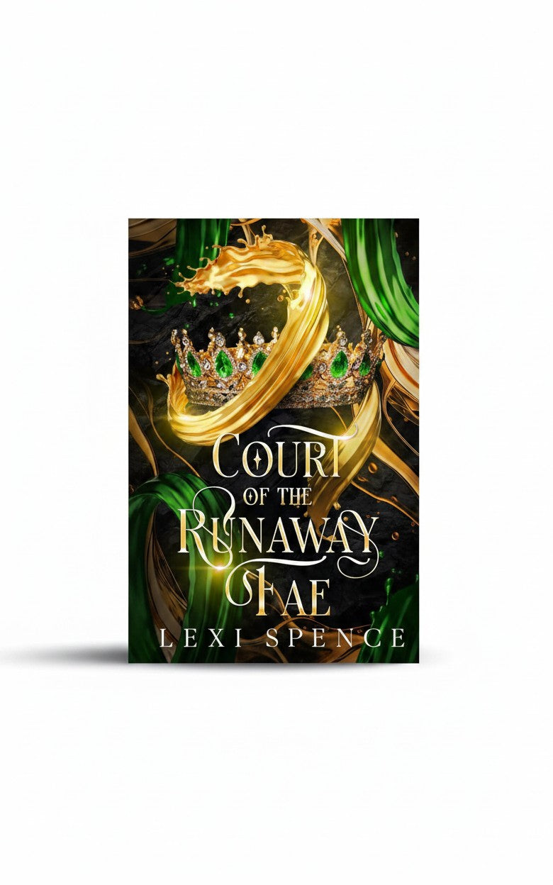 BestBuyBook cover art for Court of the Runaway Fae featuring a gold crown with green gems and swirling green ribbons.