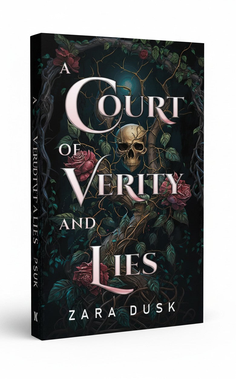 BestBuyBook paperback cover of A Court of Verity and Lies by Zara Dusk featuring a skull, roses, and dark forest art.