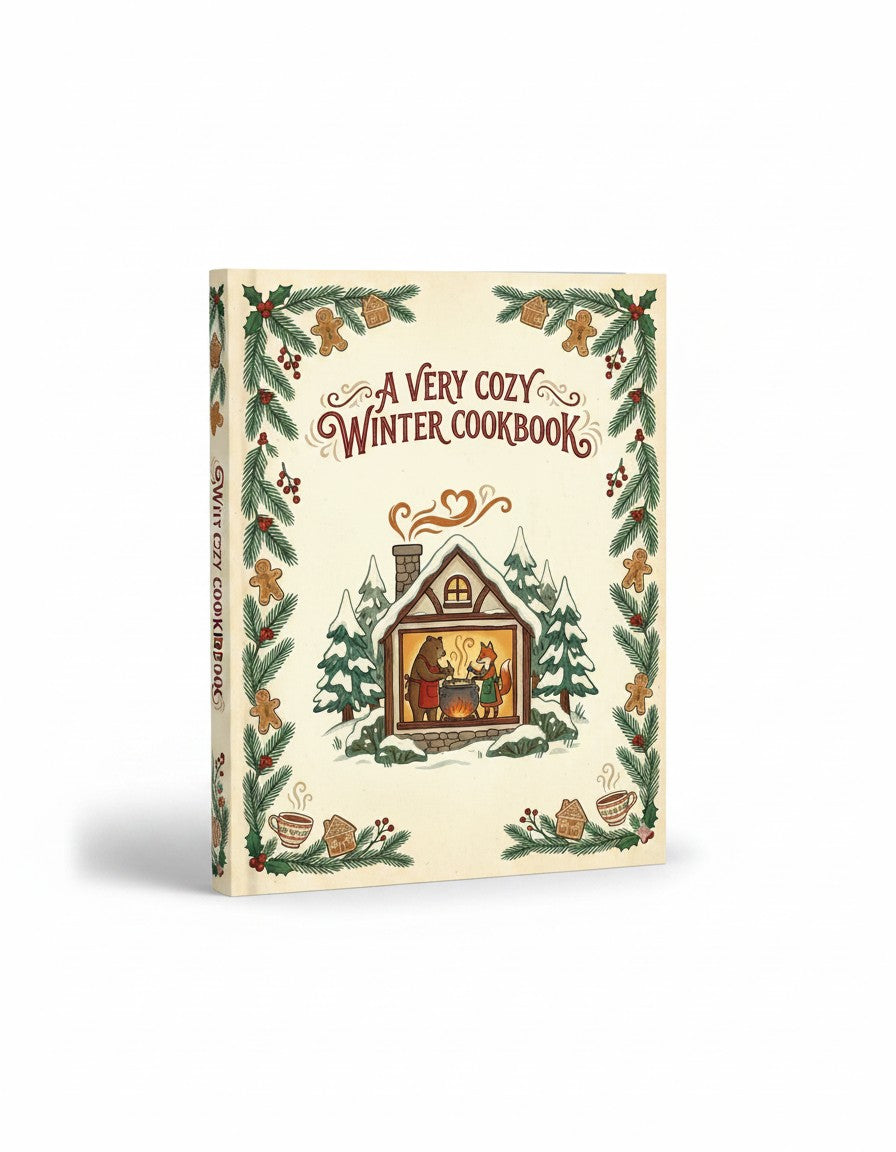 BestBuyBook Cozy Winter Meals cookbook featuring a whimsical illustration of a cabin with animals cooking inside.