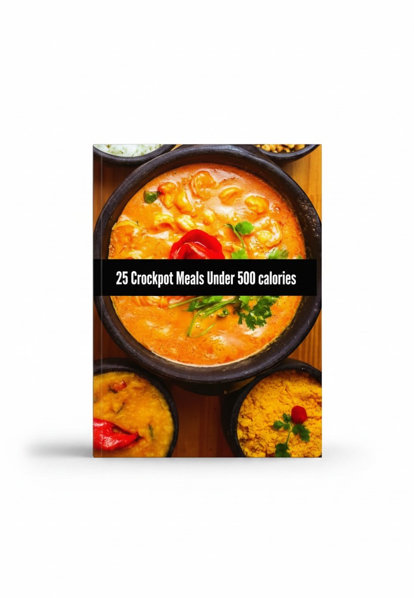 BestBuyBook cookbook cover featuring a bowl of creamy orange stew with herbs, titled 25 Crockpot Meals Under 500 Calories