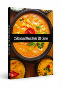 BestBuyBook 25 Crockpot Meals Under 500 Calories cookbook featuring a bowl of creamy orange stew with fresh herbs.