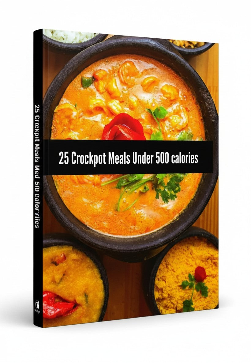 BestBuyBook 25 Crockpot Meals Under 500 Calories cookbook featuring a bowl of creamy orange stew with fresh herbs.