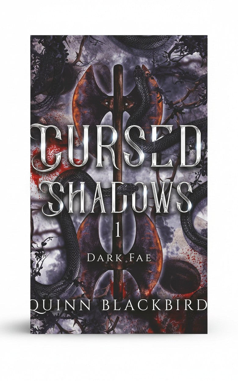 BestBuyBook Cursed Shadows 1 book cover featuring a double-headed axe, dark snakes, and moody fantasy forest imagery.