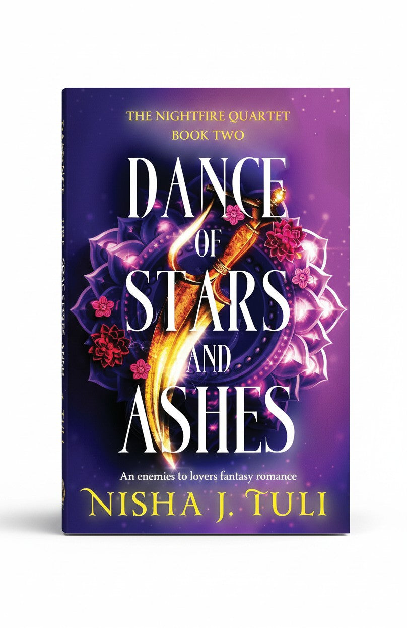 BestBuyBook cover of Dance of Stars and Ashes by Nisha J. Tuli featuring a golden dagger on a purple floral background