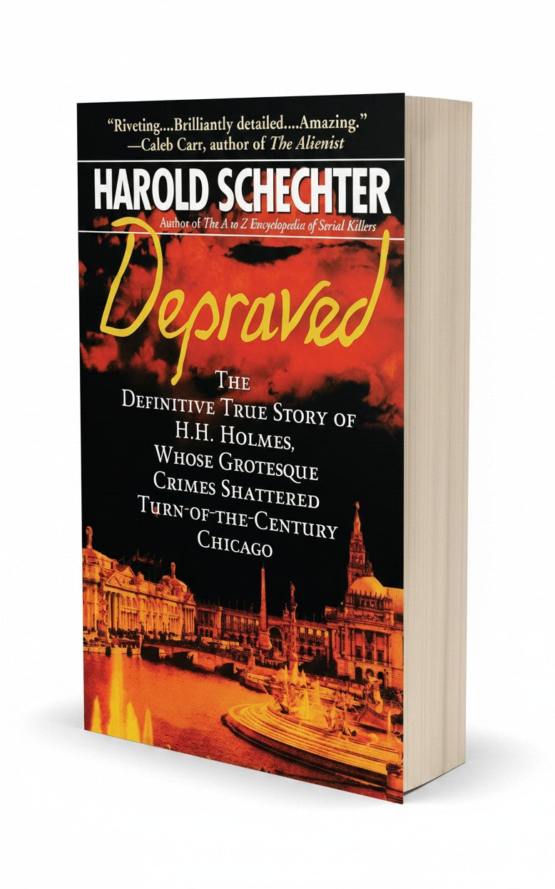 BestBuyBook Depraved by Harold Schechter true crime book cover featuring a fiery Chicago World's Fair illustration.