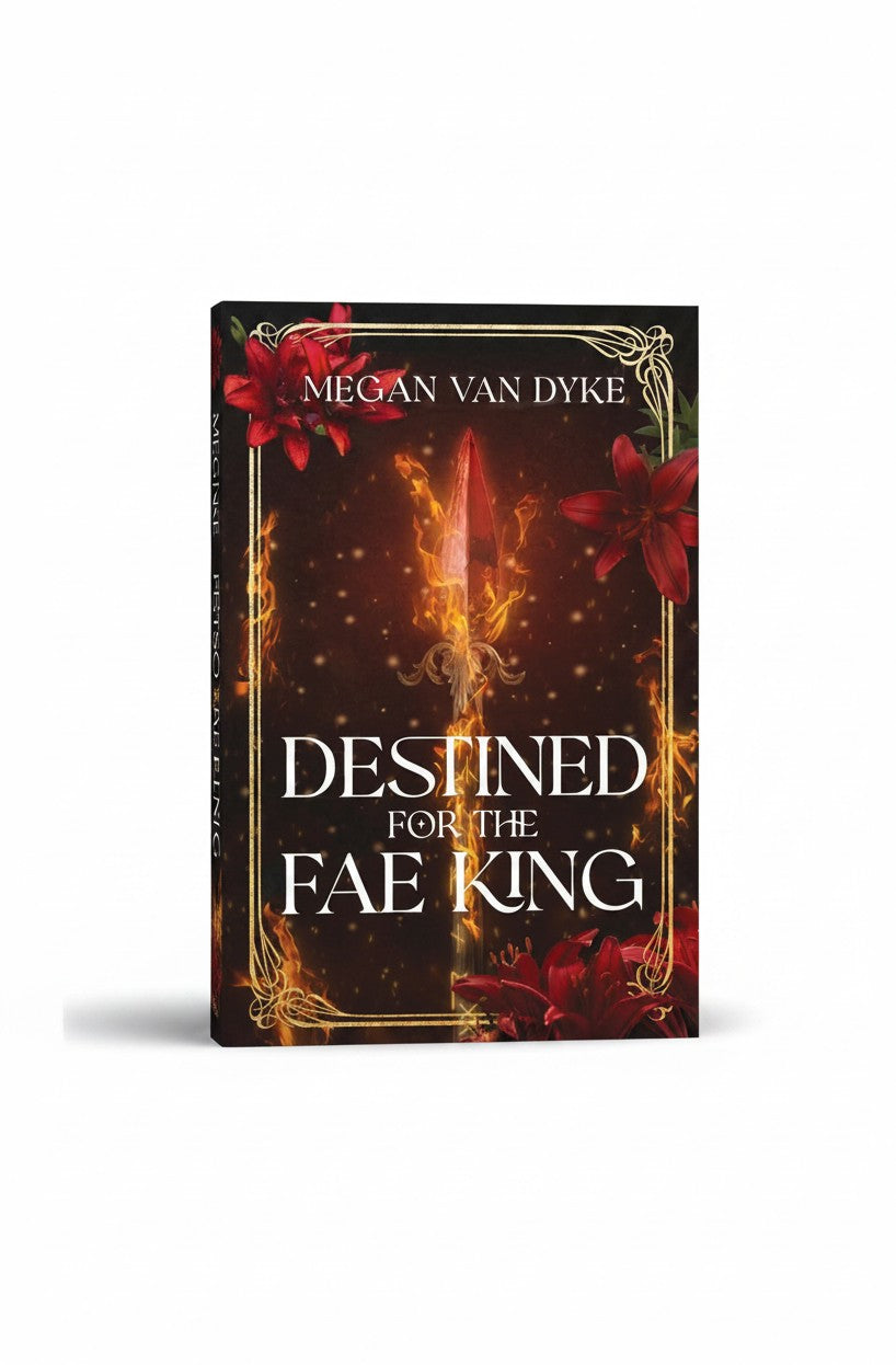 BestBuyBook paperback cover of Destined for the Fae King featuring a flaming spear, red lilies, and gold filigree.