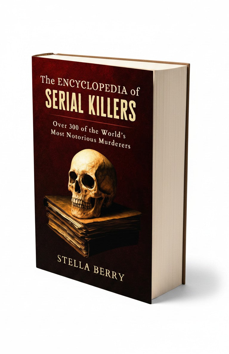 BestBuyBook The Encyclopedia of Serial Killers by Stella Berry featuring a skull on a stack of old books
