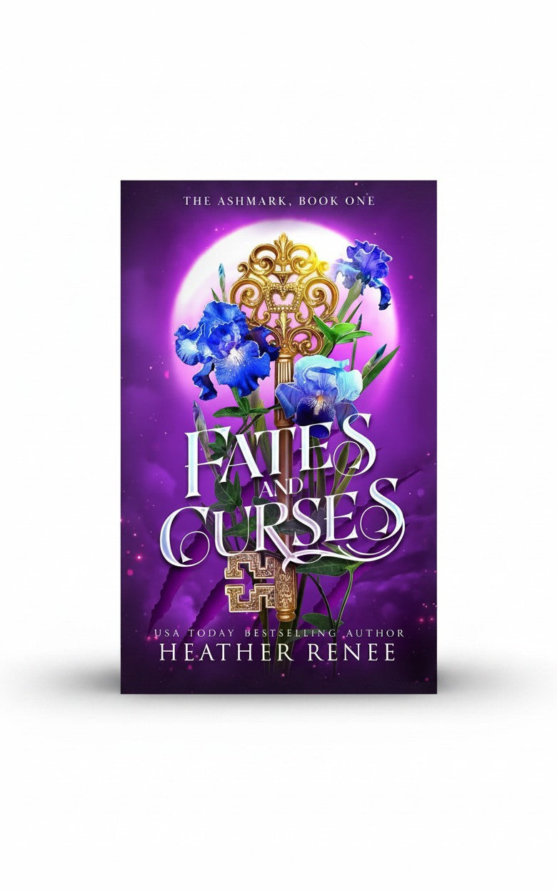 BestBuyBook Fates and Curses book cover featuring a golden ornate key, blue iris flowers, and a glowing purple moon.
