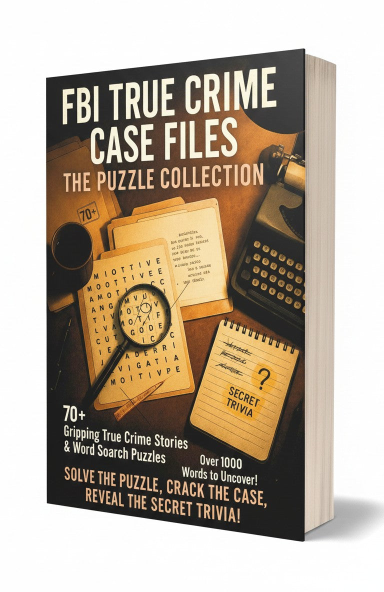 BestBuyBook FBI True Crime Case Files puzzle book with magnifying glass, typewriter, and notepad on a desk.