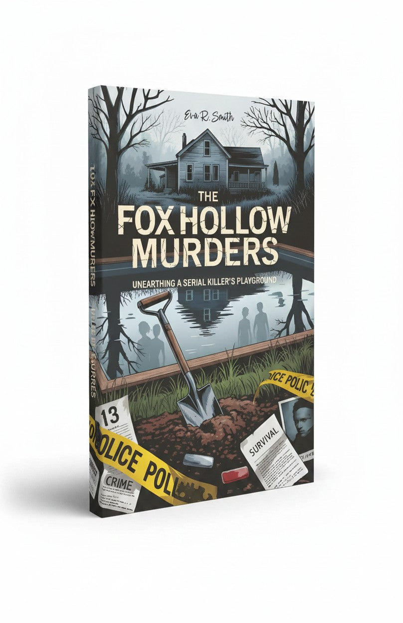 BestBuyBook true crime book cover for The Fox Hollow Murders featuring a shovel, police tape, and a dark estate.