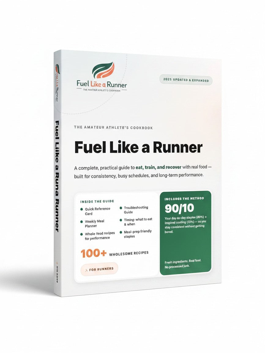 BestBuyBook Fuel Like a Runner cookbook cover featuring 100+ whole-food recipes and the 90/10 nutrition method guide.