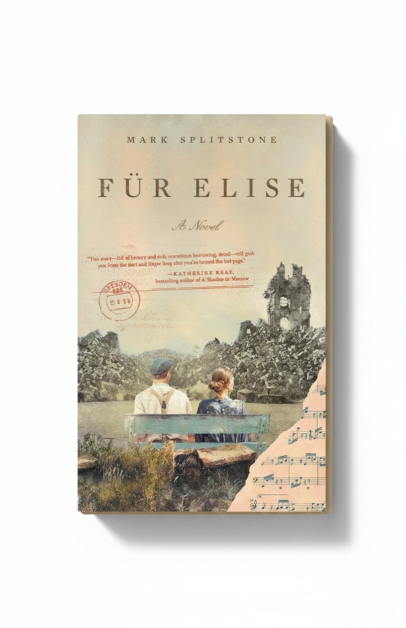 BestBuyBook cover of Für Elise by Mark Splitstone featuring a couple on a bench overlooking ruins in 1956 Dresden.