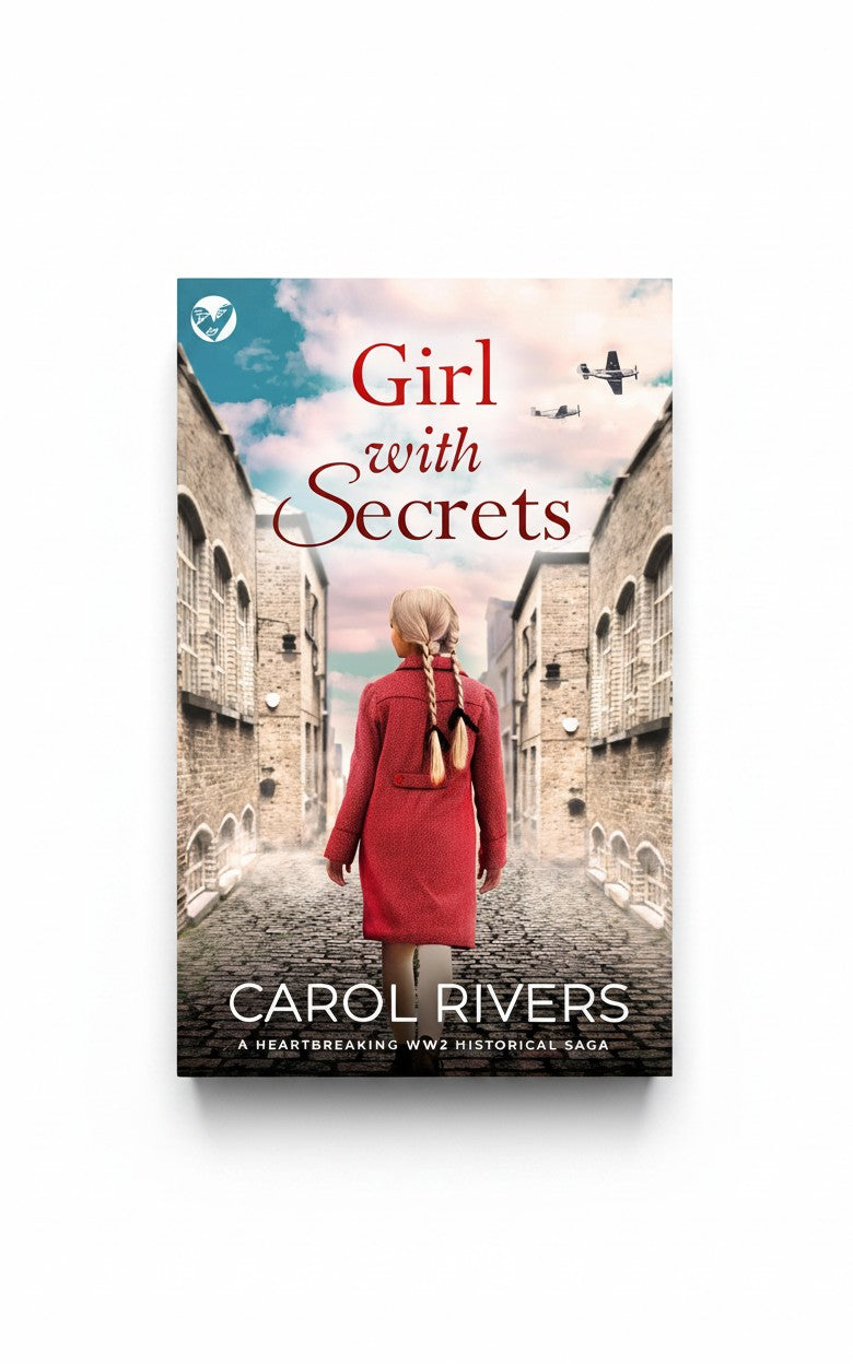 BestBuyBook cover of Girl with Secrets by Carol Rivers featuring a girl in a red coat walking down a London street.