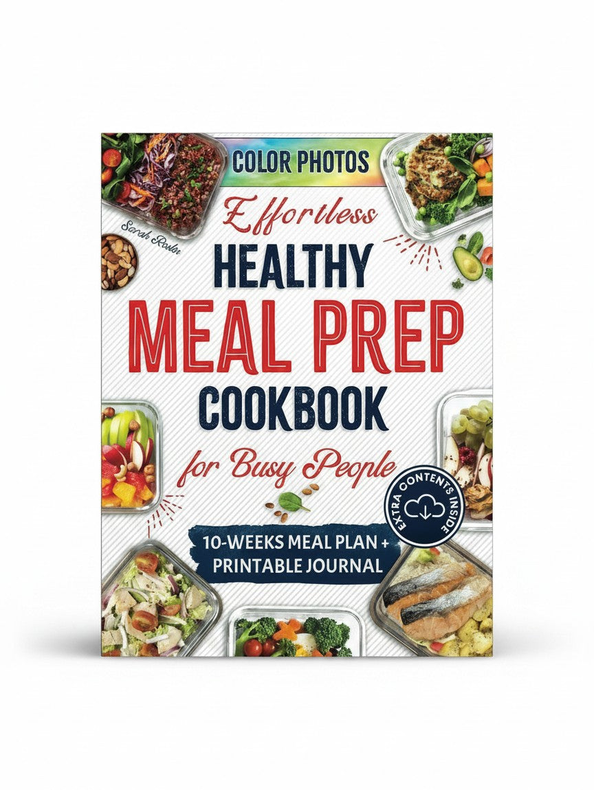 BestBuyBook Effortless Healthy Meal Prep Cookbook featuring color photos of nutritious meals and a 10-week meal plan.
