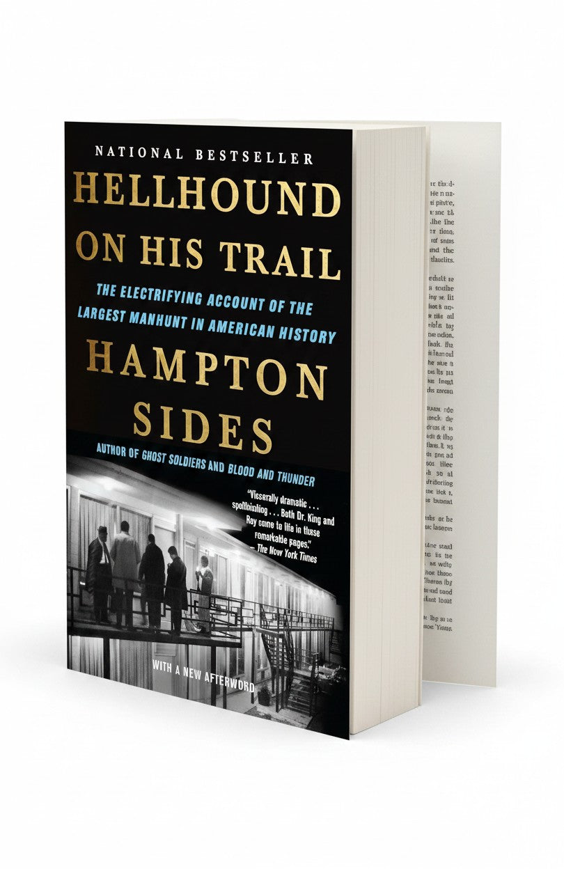BestBuyBook paperback edition of Hellhound on His Trail by Hampton Sides featuring a black and white cover design.