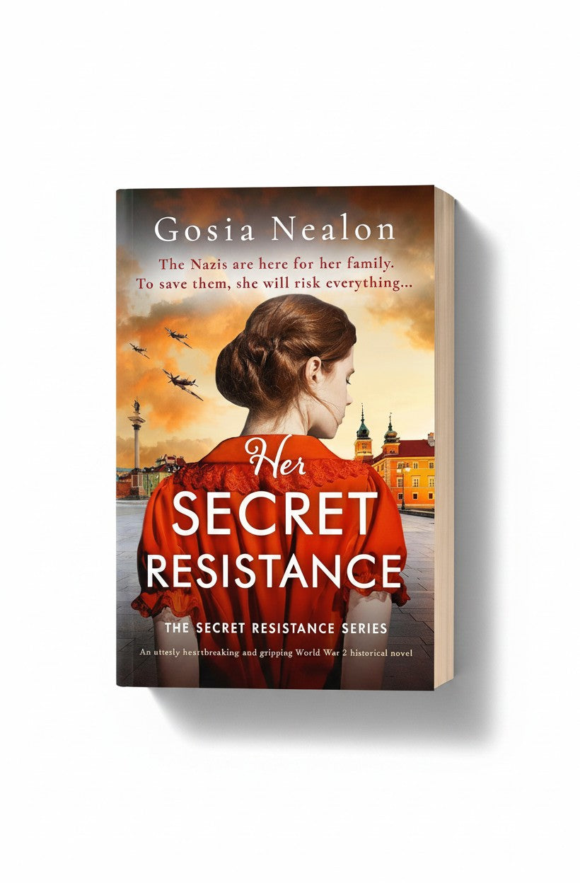 BestBuyBook paperback cover of Her Secret Resistance by Gosia Nealon featuring a woman in a red dress in 1944 Poland