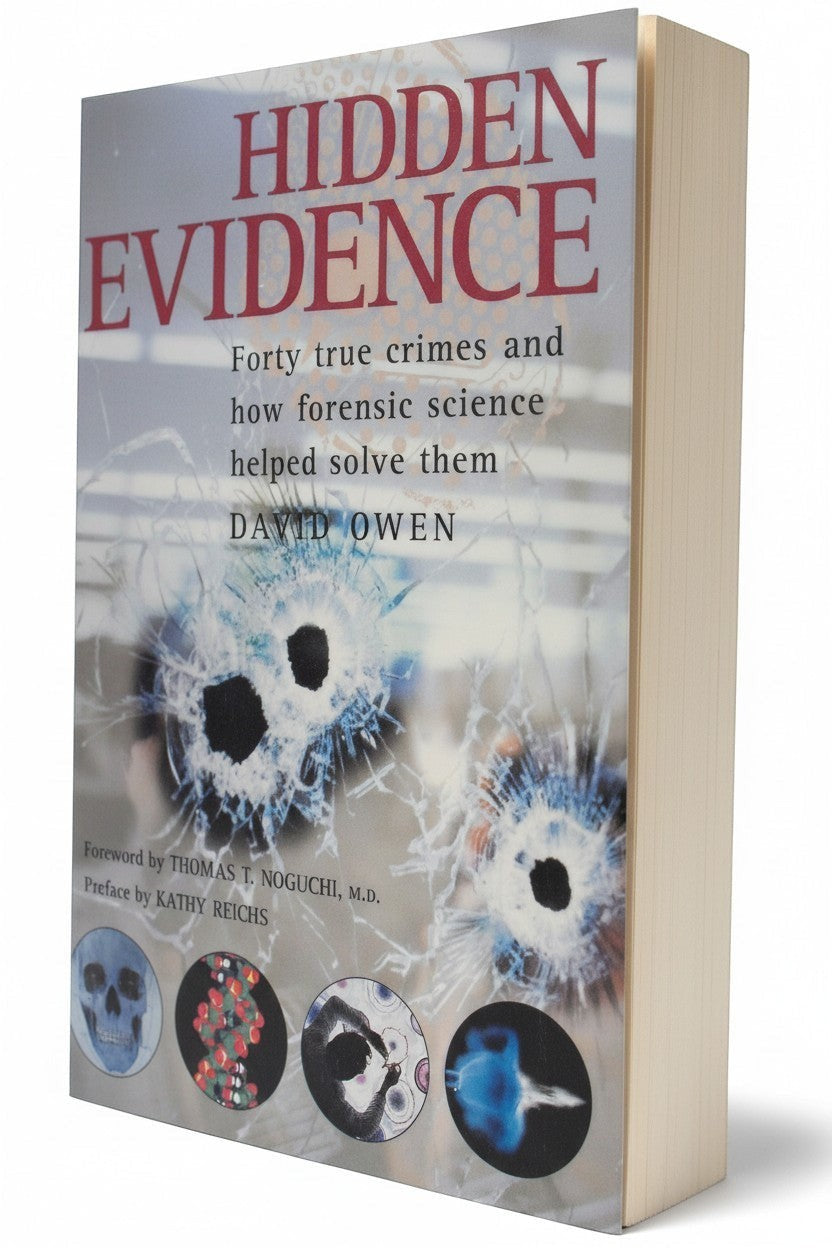 BestBuyBook Hidden Evidence book cover featuring forensic science imagery like DNA and bullet holes on a white background