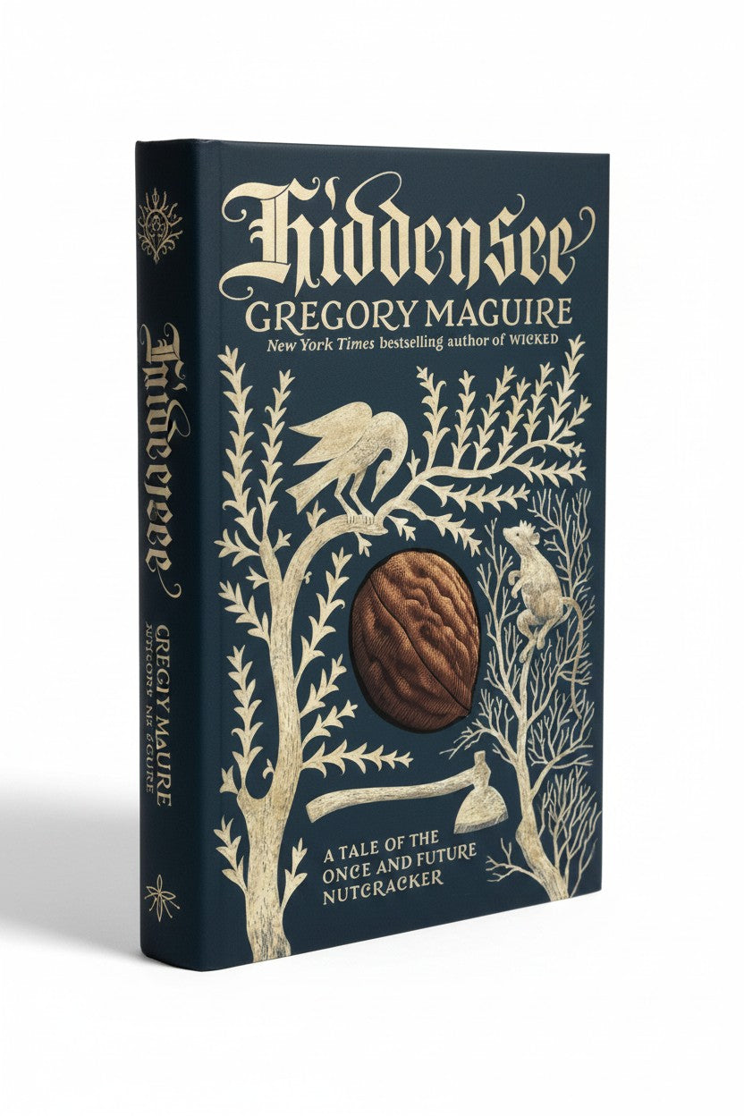 BestBuyBook Hiddensee by Gregory Maguire hardcover book with dark blue cover, gold foil tree, and walnut illustration.