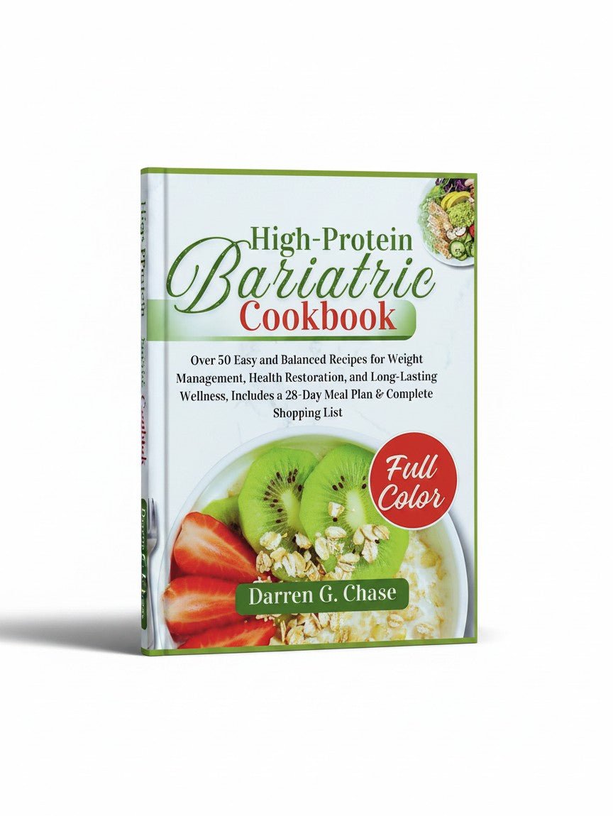 BestBuyBook High-Protein Bariatric Cookbook by Darren G. Chase featuring healthy recipe photos on the cover.