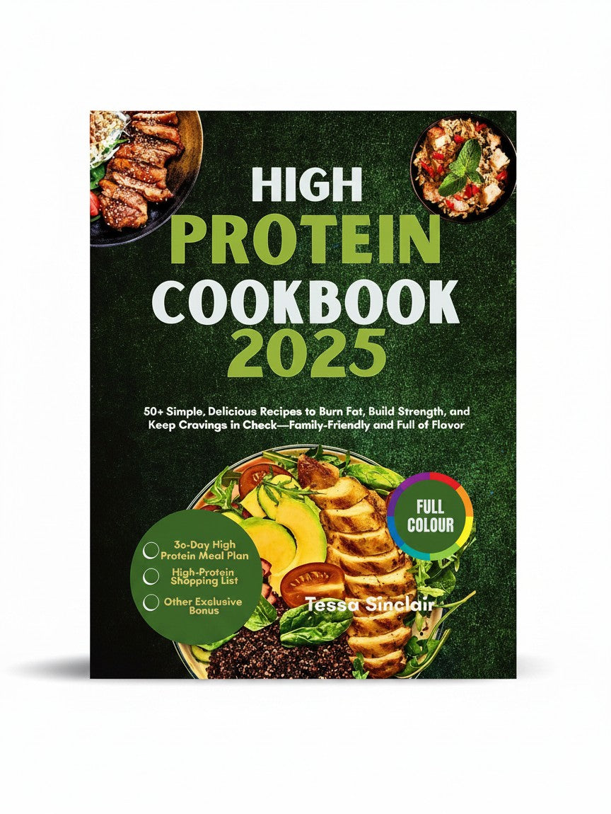 BestBuyBook High Protein Cookbook 2025 with healthy meal photography on a dark green textured background.