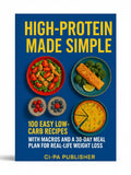 BestBuyBook High-Protein Made Simple cookbook cover featuring healthy meal plates on a blue background.