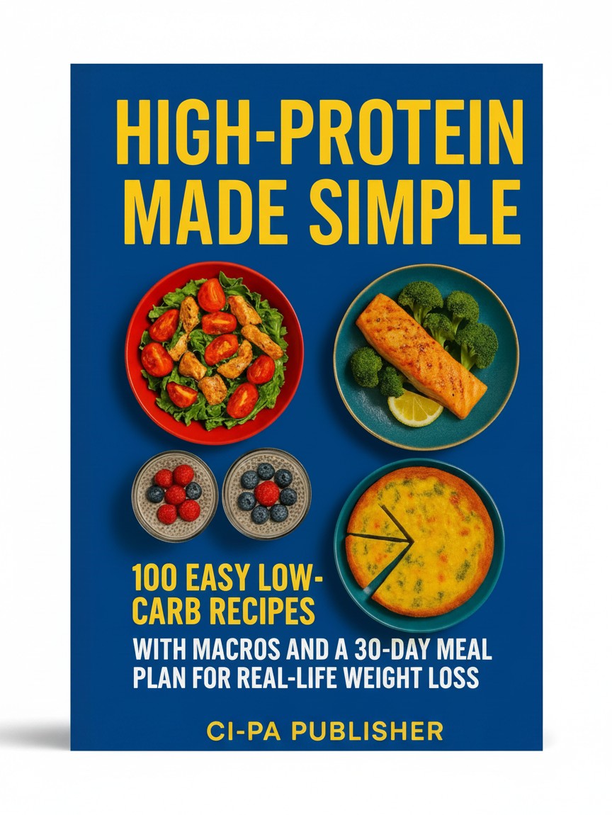 BestBuyBook High-Protein Made Simple cookbook cover featuring healthy meal plates on a blue background.