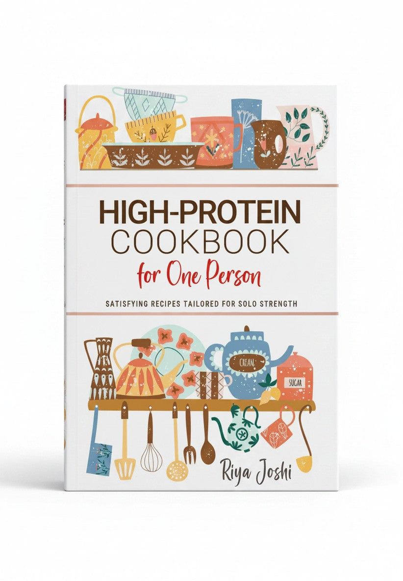 BestBuyBook High Protein Cookbook for One Person by Riya Joshi featuring colorful kitchenware illustrations.