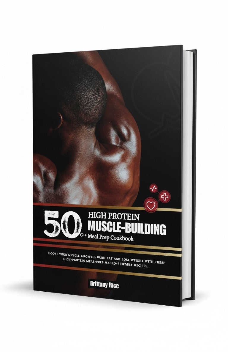 BestBuyBook 50G++ High Protein Muscle-Building Meal Prep Cookbook by Brittany Rice featuring a muscular male athlete