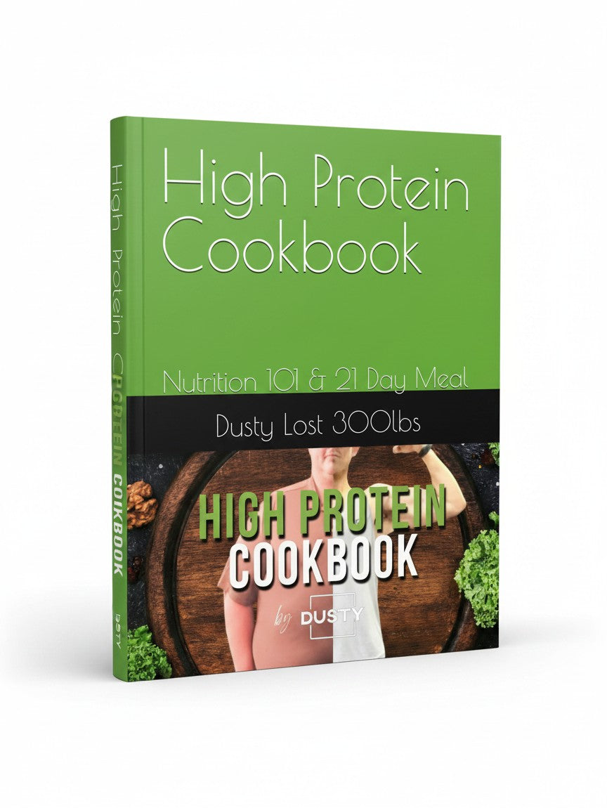 BestBuyBook High Protein Cookbook by Dusty featuring a 21-day meal plan and nutrition guide on a green cover.