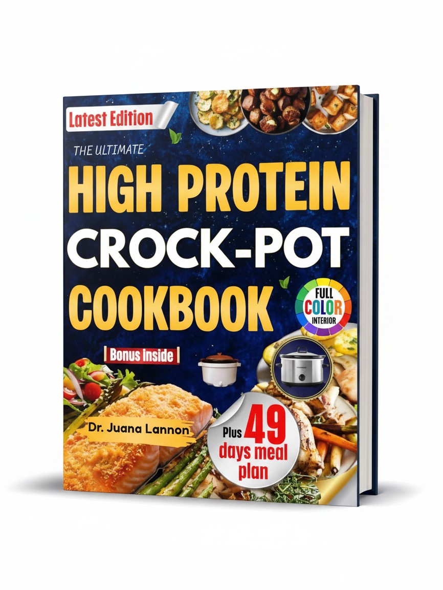 BestBuyBook High Protein Crock Pot Cookbook featuring a 49-day meal plan and full-color interior photos.