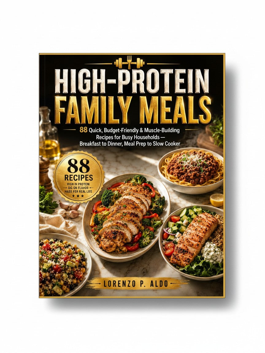 BestBuyBook High-Protein Family Meals cookbook cover featuring delicious healthy dishes like chicken and pasta.