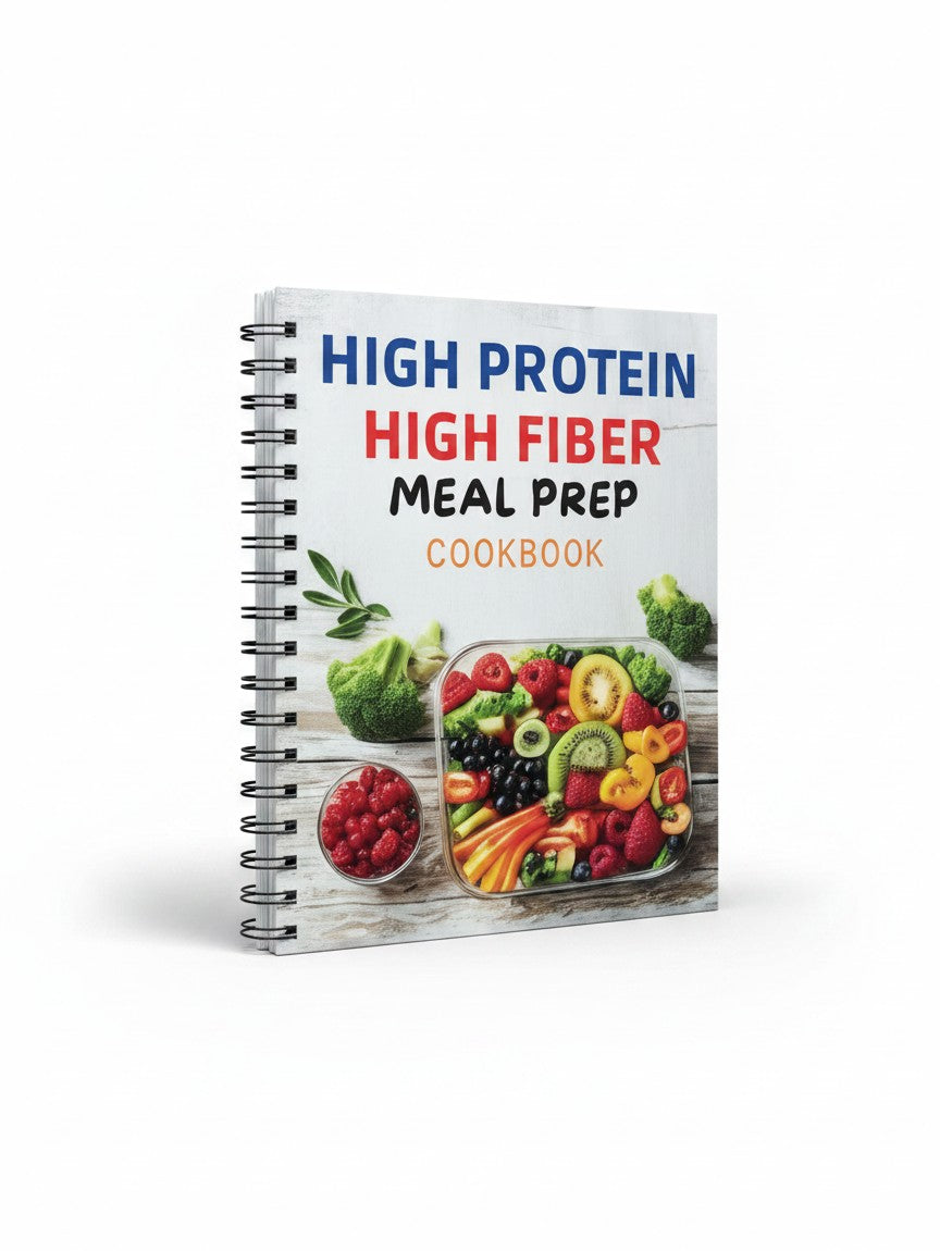 BestBuyBook High Protein High Fiber Meal Prep Cookbook with spiral binding and fresh fruit and vegetable cover art