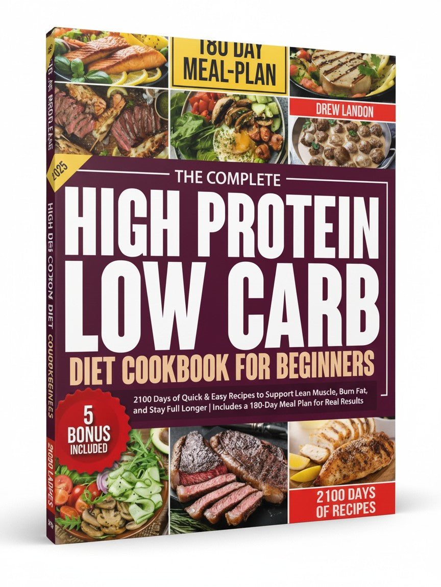 BestBuyBook High-Protein Low-Carb Cookbook for Beginners featuring a 180-day meal plan and 2100 recipes.