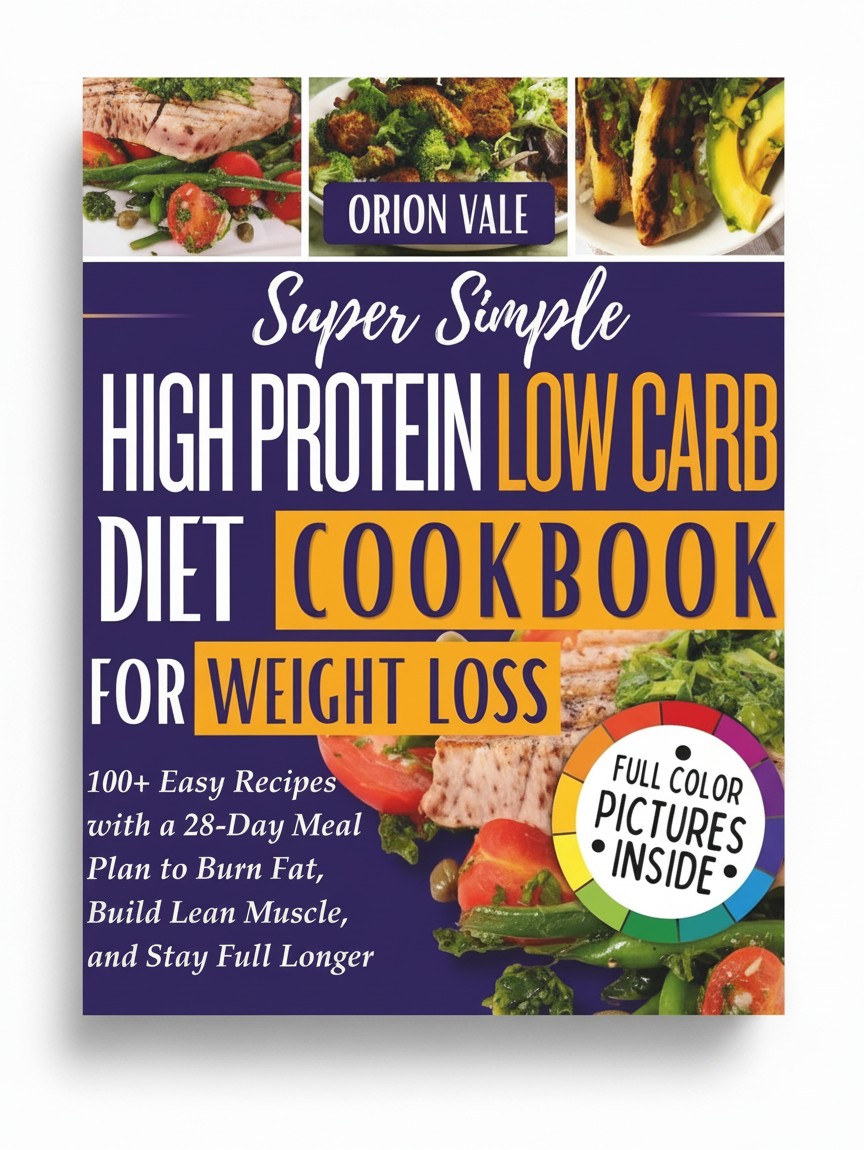 BestBuyBook Super Simple High Protein Low Carb Diet Cookbook cover with food photos and 28-day meal plan details.