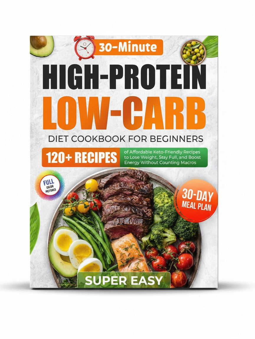 BestBuyBook cookbook cover featuring a plate of steak, salmon, broccoli, and eggs with text about high-protein recipes.