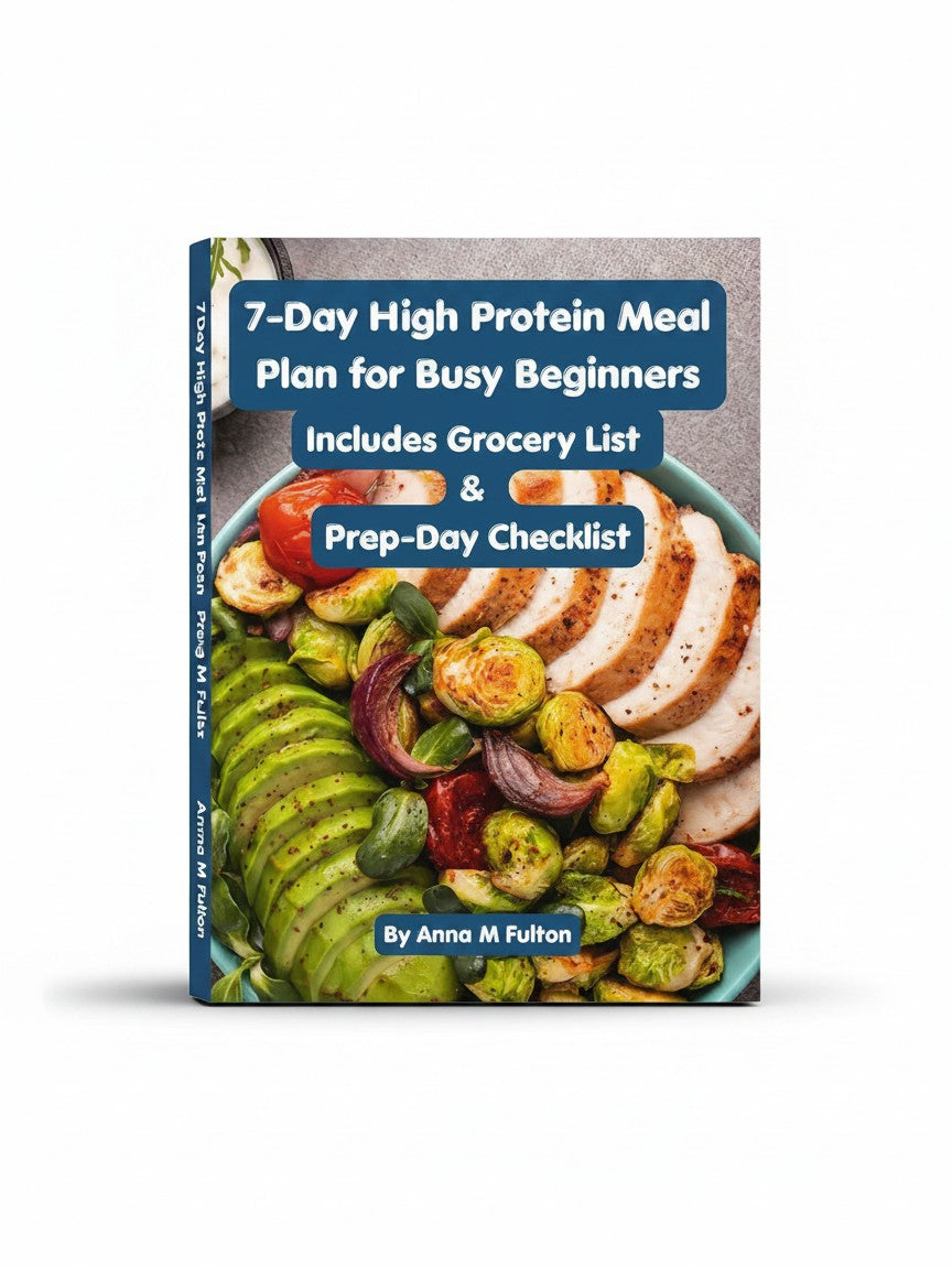 BestBuyBook 7-Day High-Protein Meal Plan book cover featuring a healthy bowl of sliced chicken, avocado, and Brussels sprouts.