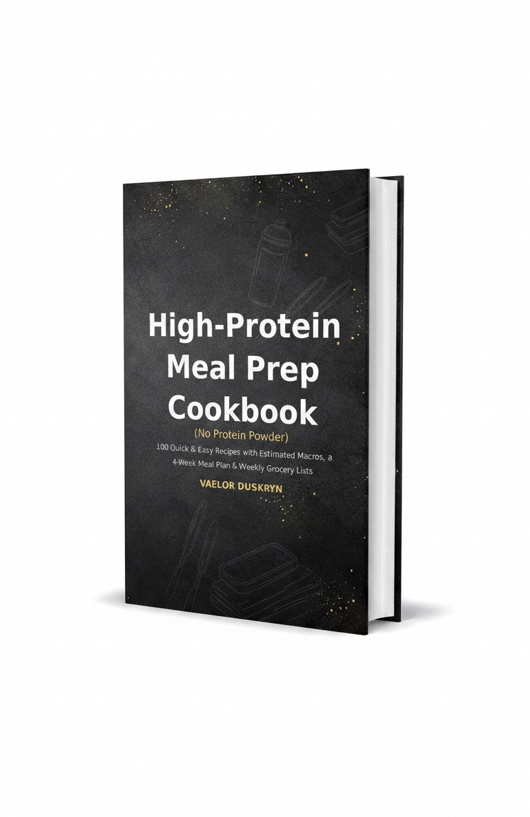 BestBuyBook High-Protein Meal Prep Cookbook by Vaelor Duskryn with a black cover and gold accents.